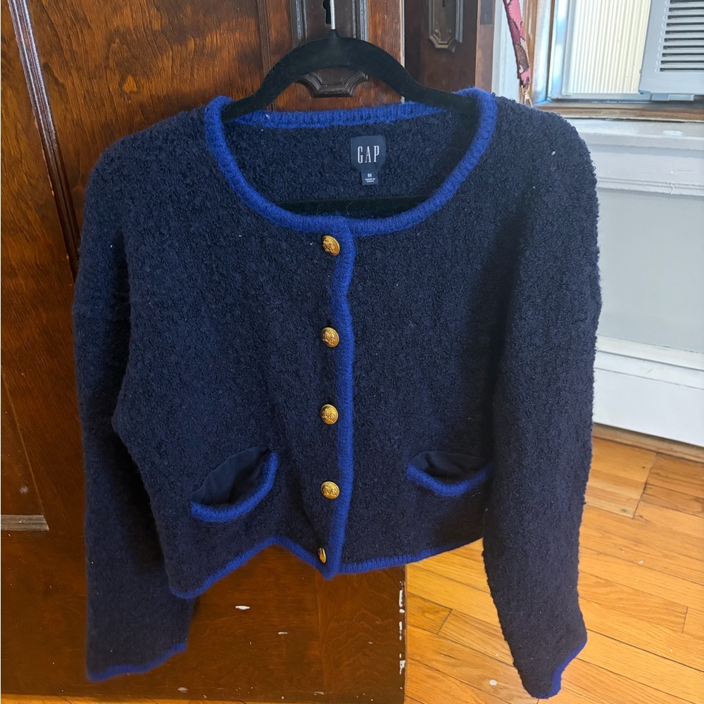 GAP Navy Bouclé Crop Cardigan with Blue Trim and Gold Buttons